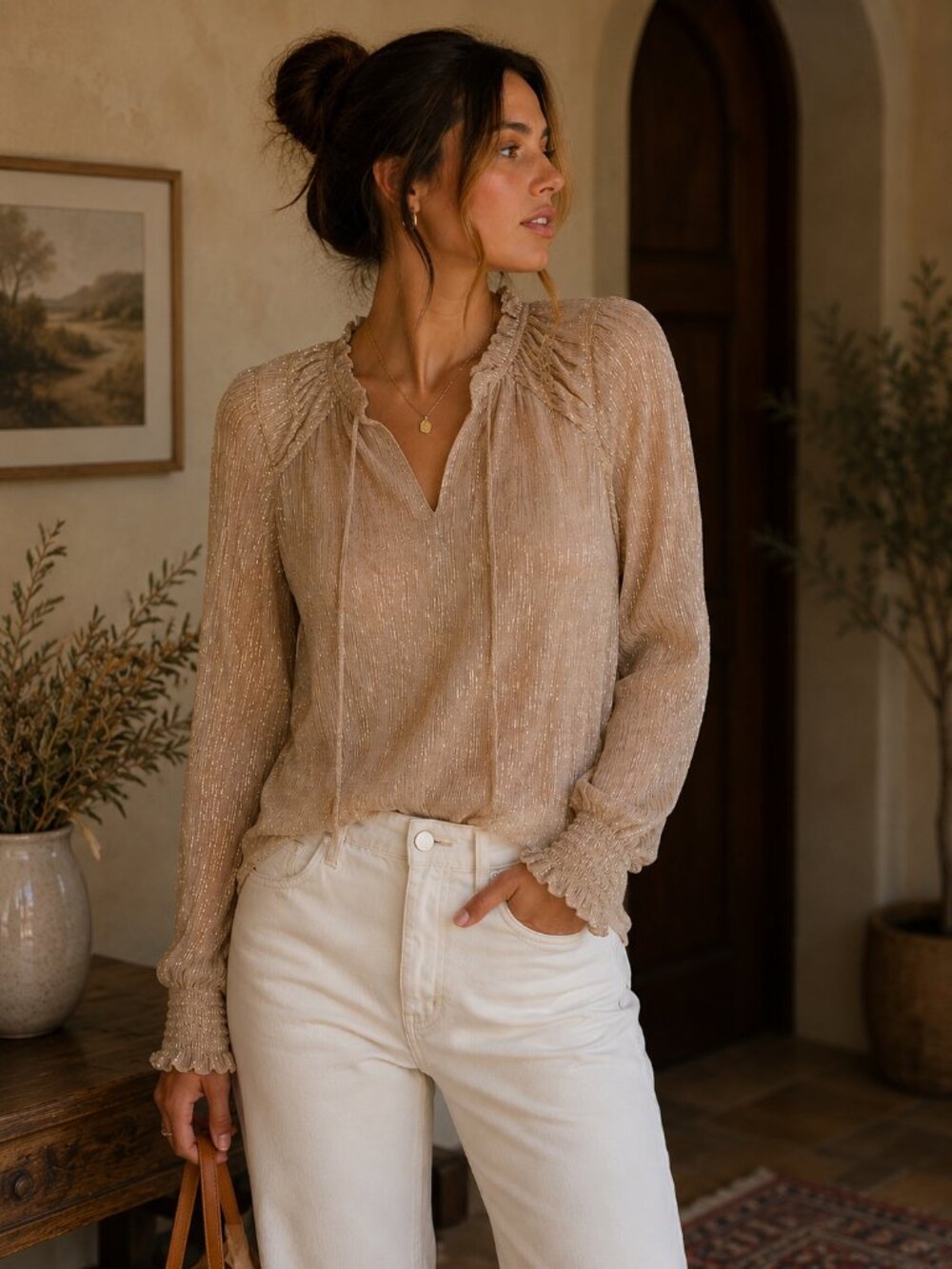 Joie Metallic Gold Ruffle Shimmer Boho Romantic Peasant Blouse Small